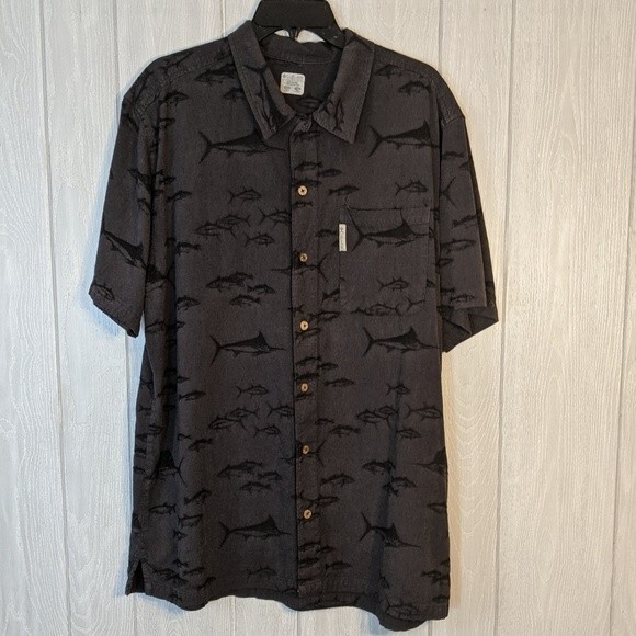 Columbia Button Front Gray Shirt Fish Pattern EUC SZ XL - Picture 1 of 6